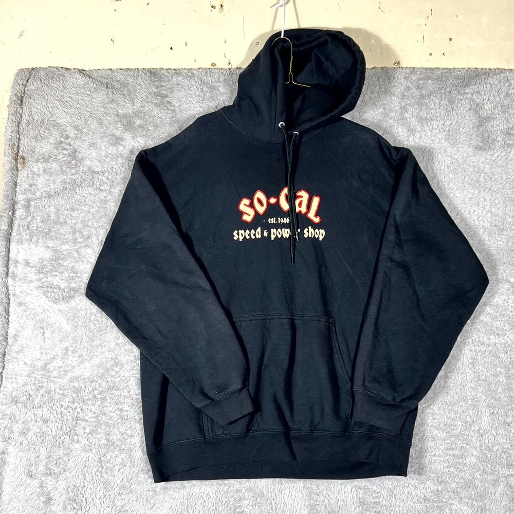 So-Cal Speed & Power Shop Hoodie Mens Black Graphic Print Ribbed Hem Drawstring
